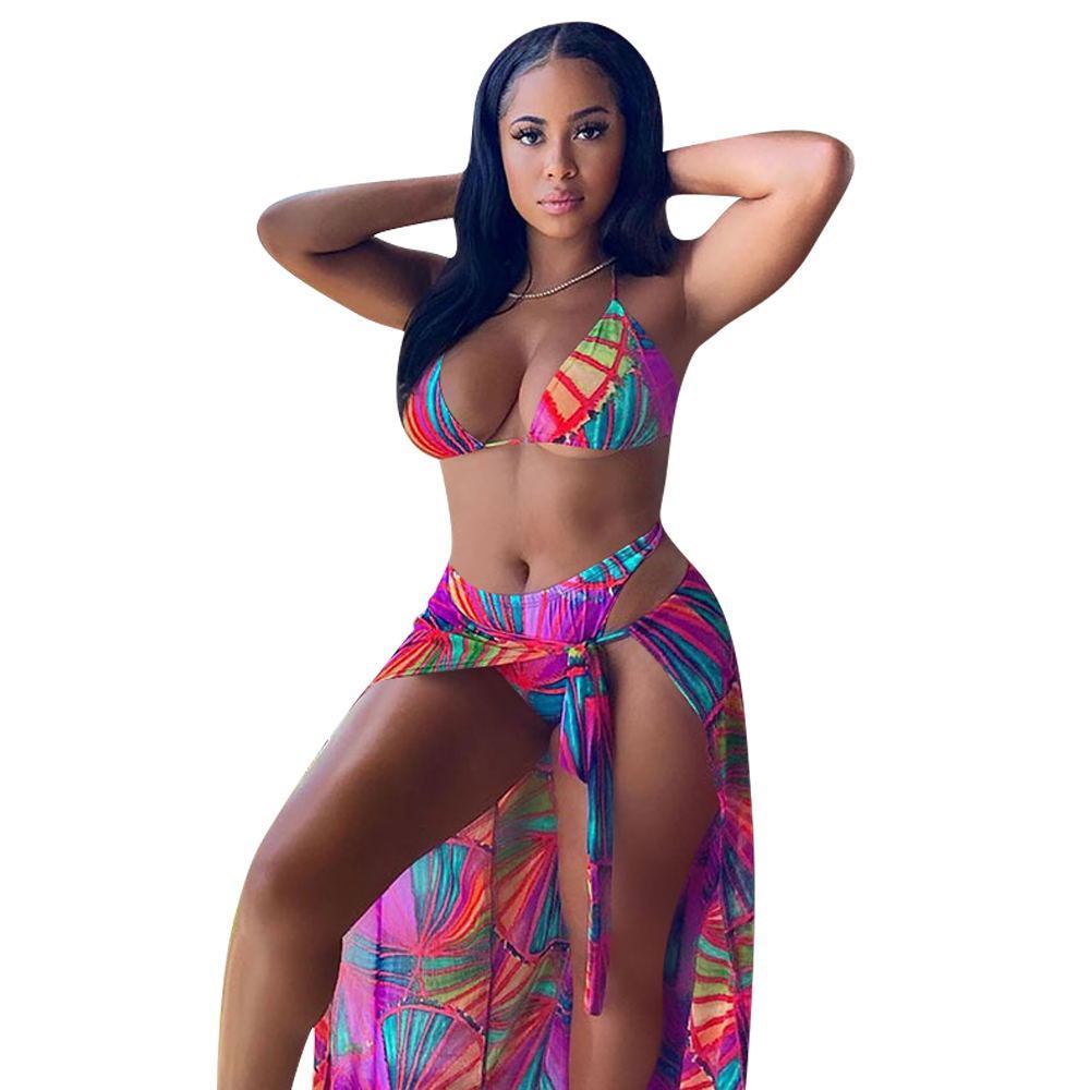 Split Swimsuit Summer Bikini Three-piece Print Beach Suit Swimming Sportswear - Image 2