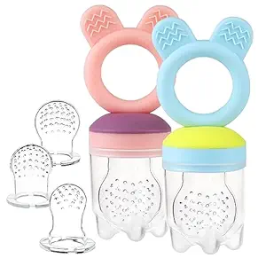 Baby Fruit Food Feeder PacifierTeether Toys Set – Silicone Fresh Food Feeder Teether with 2 mesh Silicone Bags and Teething Toys All in One Infant Teether Toys