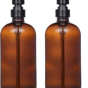 2 Pack Thick Amber Glass Pint Jar Soap Dispenser with Matte Black Stainless Steel Pump, 16ounce Boston Round Bottles Dispenser with Rustproof Pump for Essential Oil, Lotion Soap