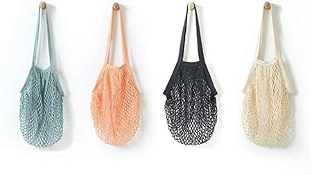 4 Pack Portable Reusable Grocery Bags Fruit and Vegetable Bag Washable Cotton Mesh String Organic Organizer Shopping Handbag Long Handle Net Tote (blue,Black,Beige,Orange)