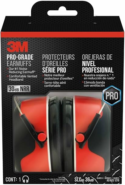 3M Pro-Grade Earmuff, Noise Reduction Rating (NRR) 30 dB, Lightweight & Adjustable Ear Muffs, Reduce Pressure Points For All-Day Comfort, Steel Wire Headband With Rubber Overmold Design (90565-4DC-PS)
