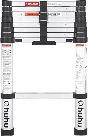 Ohuhu 8.5 FT Aluminum Telescoping Ladder, One-Button Retraction Heavy Duty Extension Ladder for Home, ANSI Certified Collapsible Ladders with Safe Slow Restoring for RV Roof Loft Silver