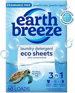 Earth Breeze Laundry Detergent Sheets Fragrance-Free – 60 Loads Eco Liquidless Soap – Travel-Friendly for Hot & Cold Cycles, Tackles Tough Stains & Odors – Gentle on Sensitive Skin, 30 Ct Earth Breeze Laundry Detergent Sheets Fragrance-Free – 60 Loads Eco Liquidless Soap – Travel-Friendly for Hot & Cold Cycles, Tackles Tough Stains & Odors – Gentle on Sensitive Skin, 30 Ct
