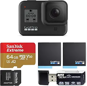 GoPro HERO8 Black Waterproof Action Camera with Touch Screen 4K Ultra HD Video 12MP Photos 1080p Live with Accessory Bundle + 2 Extra USA Batteries + Sandisk 64GB MicroSDHC U3 + Ritz Gear Reader GoPro HERO8 Black Waterproof Action Camera with Touch Screen 4K Ultra HD Video 12MP Photos 1080p Live with Accessory Bundle + 2 Extra USA Batteries + Sandisk 64GB MicroSDHC U3 + Ritz Gear Reader