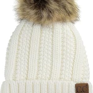 C.C Thick Cable Knit Faux Fuzzy Fur Pom Fleece Lined Skull Cap Cuff Beanie