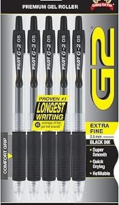 Pilot, G2 Premium Gel Roller Pens, Extra Fine Point 0.5 mm, Pack of 5, Black