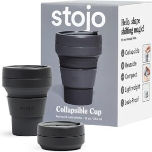 STOJO Collapsible Travel Cup – Reusable To-Go Pocket Size Silicone Bottle for Hot and Cold Drinks – Perfect for Camping – Microwave & Dishwasher Safe (Carbon, 12 Ounce (Pack of 1) – No Straw) STOJO Collapsible Travel Cup – Reusable To-Go Pocket Size Silicone Bottle for Hot and Cold Drinks – Perfect for Camping – Microwave & Dishwasher Safe (Carbon, 12 Ounce (Pack of 1) – No Straw)