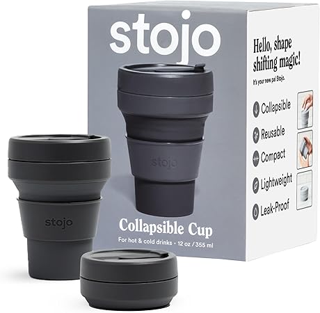 STOJO Collapsible Travel Cup - Reusable To-Go Pocket Size Silicone Bottle for Hot and Cold Drinks - Perfect for Camping - Microwave & Dishwasher Safe (Carbon, 12 Ounce (Pack of 1) - No Straw)