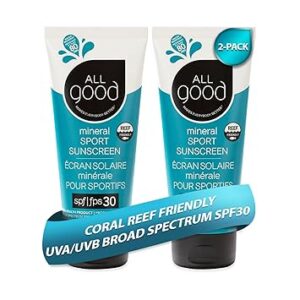 All Good Sunscreen – Sport Mineral Sunscreen Lotion, Reef Friendly, SPF 30+ for Face & Body, Water & Sweat Resistant, 2-pack (3 oz) All Good Sunscreen – Sport Mineral Sunscreen Lotion, Reef Friendly, SPF 30+ for Face & Body, Water & Sweat Resistant, 2-pack (3 oz)