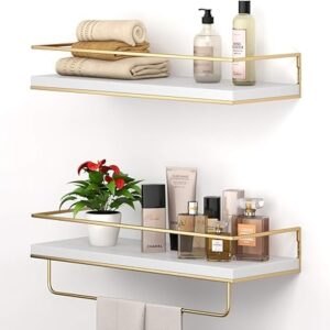 Shario White Floating Shelves – Set of 2, Wall Mounted Hanging Shelves with Golden Towel Rack, Decorative Storage Shelves for Bathroom, Kitchen, Living Room & Bedroom (White) Shario White Floating Shelves – Set of 2, Wall Mounted Hanging Shelves with Golden Towel Rack, Decorative Storage Shelves for Bathroom, Kitchen, Living Room & Bedroom (White)