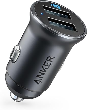 Anker 320 Car Charger (24W II), Mini Aluminum Alloy Dual USB with Blue LED for iPhone16 15 14 13 12 Series, iPad Pro/Air 2/Mini, Galaxy and More - Not Compatible with Quick Charge (Black)