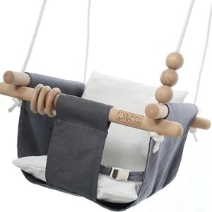 Monkey & Mouse Baby Swing – Charcoal Indoor Outdoor Portable Hanging Chair for Infant & Toddler Kids Up to 4 Years – Cotton Canvas & Beech Wood Frame