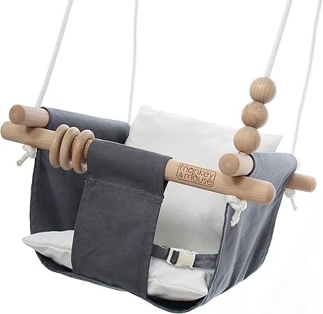 Monkey & Mouse Baby Swing - Charcoal Indoor Outdoor Portable Hanging Chair for Infant & Toddler Kids Up to 4 Years - Cotton Canvas & Beech Wood Frame