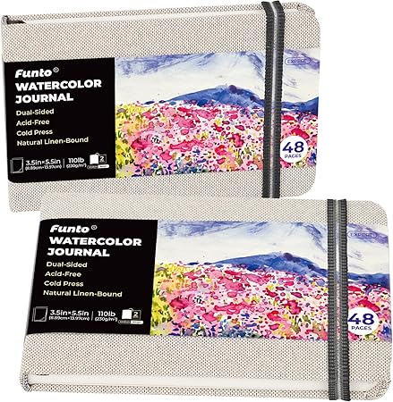Funto Watercolor Journal, 3.5x5.5, 2 Pack, 24 Sheets Each, Cold-Pressed with Inner Pocket, 110lb/230gsm, Suitable for Techniques and Mixed Media