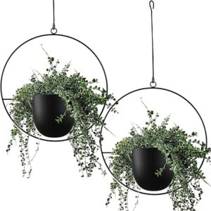 2 Pcs Hanging Planters for Indoor and Outdoor Plants with Hooks and Chains Metal Modern Wall Ceiling Planter Hangers Minimalist Flower Pot Holder Basket for Home Decor,Black