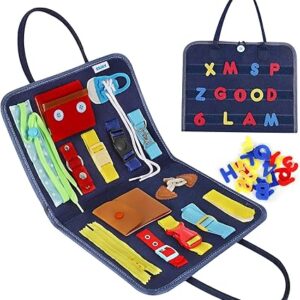 Esjay Toddler Busy Board, Sensory Board for Fine Motor Skill, Montessori Toys Educational Learning Toddler Activities for Travel Car Airplane, Toys Gifts for Boys Girls,Blue Alphabet