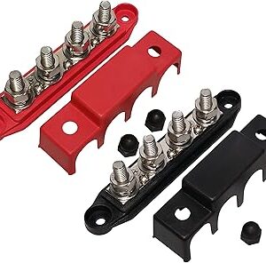 (Red & Black) 3/8″ 4 Stud Bus BAR Power Distribution Block – Made in The USA – for Marine Battery Terminals, 12v Power and Ground Distribution Blocks – Terminal Block for Battery Terminals – BusBar