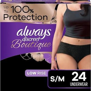 Always Discreet Boutique Adult Incontinence & Postpartum Underwear for Women, Low-Rise, Size Small/Medium, Black, Maximum Absorbency, Disposable, 24 Count (Packaging May Vary)