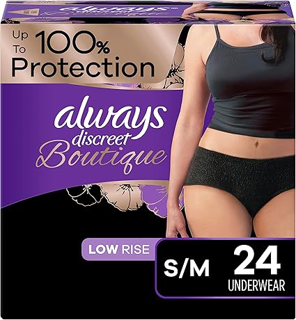 Always Discreet Boutique Adult Incontinence & Postpartum Underwear for Women, Low-Rise, Size Small/Medium, Black, Maximum Absorbency, Disposable, 24 Count (Packaging May Vary)