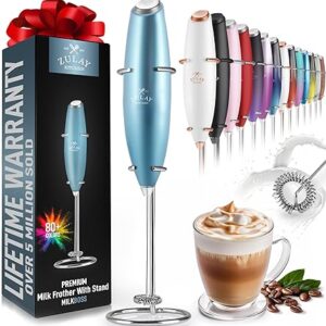 Zulay Kitchen Powerful Milk Frother Wand – Ultra Fast Handheld Drink Mixer – Electric Whisk Foam Maker for Coffee, Lattes, Cappuccino, Frappe, Matcha & Coffee Creamer – Milk Boss Metallic Ice Blue