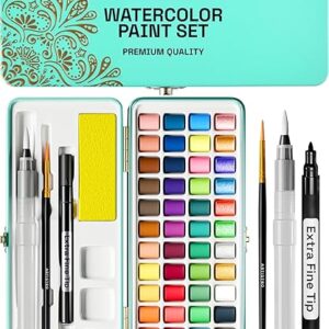 ARTISTRO Watercolor Paint Set, Vivid Colors in Portable Box, Palette set, Including Metallic and Fluorescent Colors. Perfect Travel Watercolor Set for Artists, Amateur Hobbyists and Painting